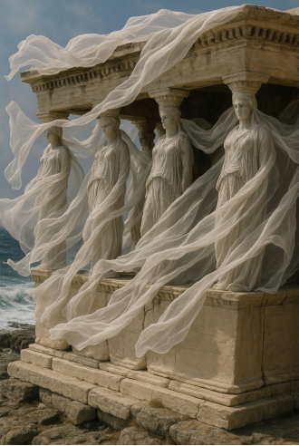 #Caryatids, teka vėjyje# Skulptūros stilius yra glaudžiai susijęs su senovės graikų menu